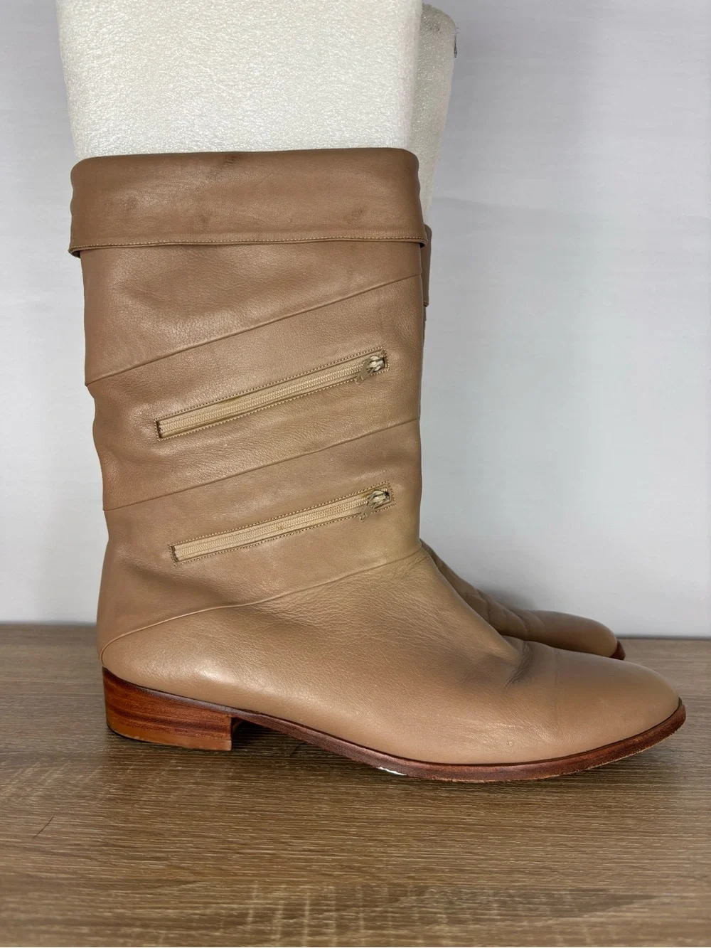 Vintage Jean Pier Clemente Leather Mid Calf Boots Mens 12D Beige Double Zip
